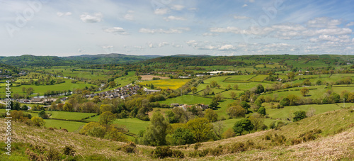 Принти на полотні Panoramic landscape view of farms and hills in the Dee Valley above the town of