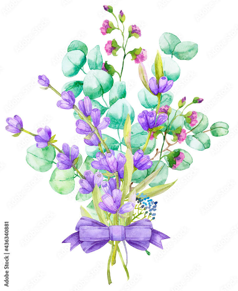 A bouquet of green eucalyptus leaves and lilac lavender. Watercolor illustration