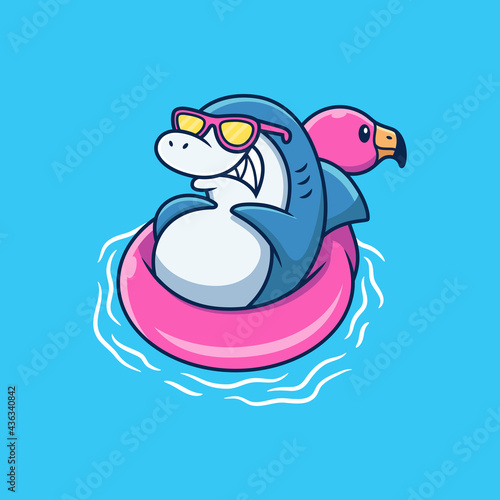 Cute Shark Relax on Flamingo Tires with Cute Pose. Animal Vector Icon Illustration, Isolated on Premium Vector