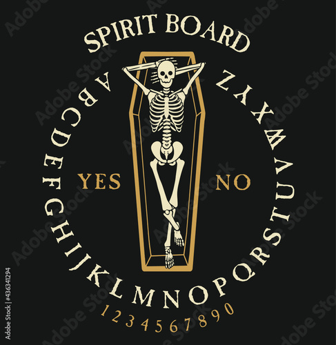 Spirit Board Ouija with Skeleton. Vector Illustration.