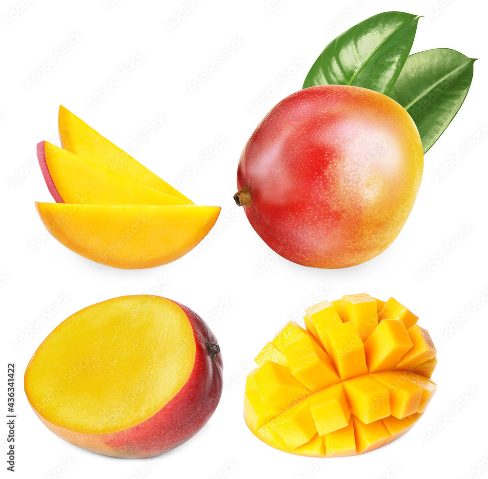 Set with delicious ripe mangos on white background Set with delicious ripe mangos on white background