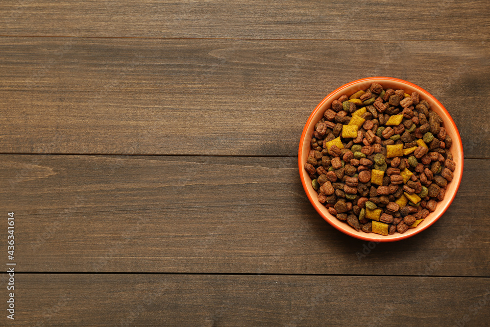 Dry food in pet bowl on wooden background, top view. Space for text Dry food in pet bowl on wooden background, top view. Space for text