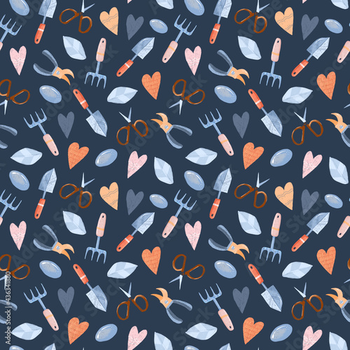 Seamless pattern with watercolor objects of garden tools, hand drawn isolated on a blue background