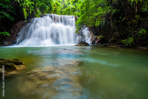 Waterfall and blue emerald water color in Huay Mae Khamin national park. Huay Mae Khamin  Beautiful nature rock waterfall steps in tropical rainforest at Kanchanaburi province  Thailand