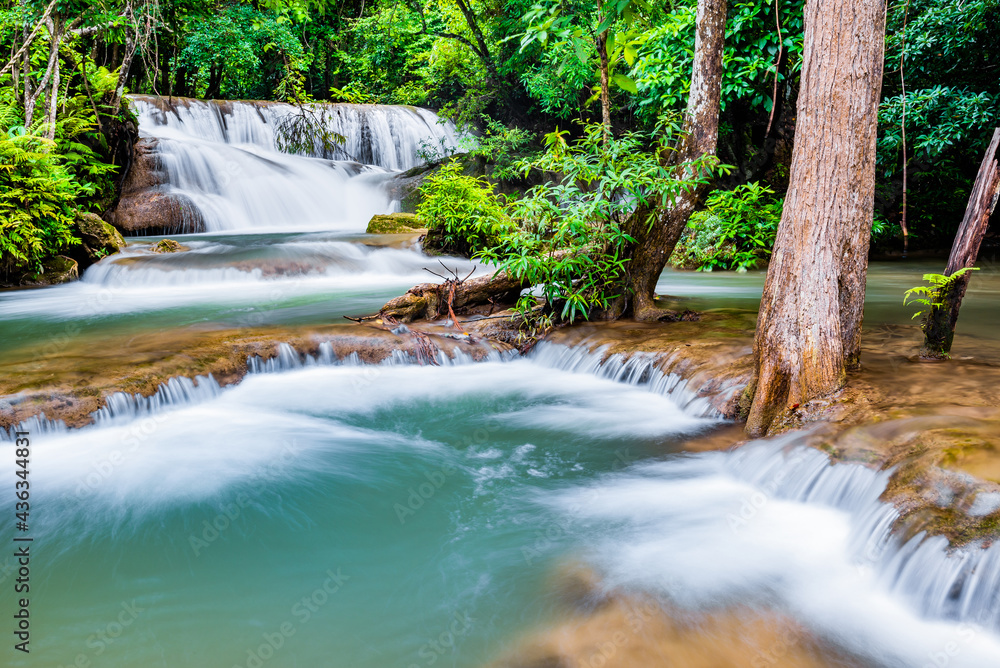 Waterfall and blue emerald water color in Huay Mae Khamin national park. Huay Mae Khamin, Beautiful nature rock waterfall steps in tropical rainforest at Kanchanaburi province, Thailand Waterfall and blue emerald water color in Huay Mae Khamin national park. Huay Mae Khamin, Beautiful nature rock waterfall steps in tropical rainforest at Kanchanaburi province, Thailand