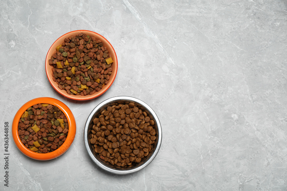 Pet bowls with dry food on light grey background, flat lay. Space for text Pet bowls with dry food on light grey background, flat lay. Space for text