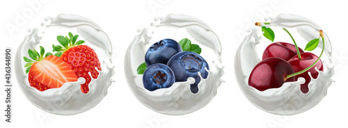 Berries yogurt. Strawberry, cherry and blueberry with milk splash