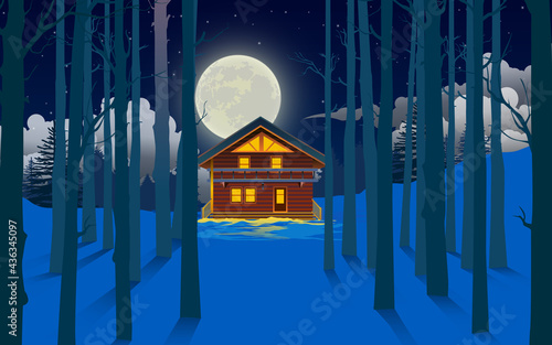 wooden house in the snow forest in  full moon night