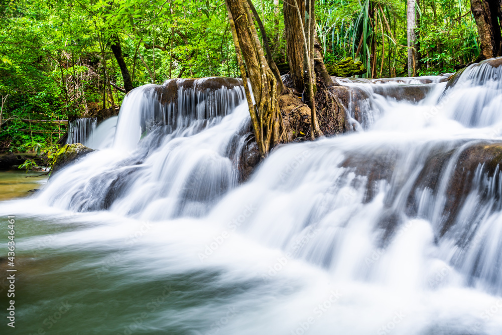 Waterfall and blue emerald water color in Huay Mae Khamin national park. Huay Mae Khamin, Beautiful nature rock waterfall steps in tropical rainforest at Kanchanaburi province, Thailand