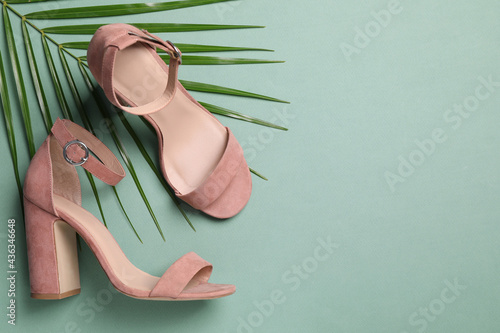 Pair of stylish high heeled shoes and palm branch on green background, flat lay. Space for text