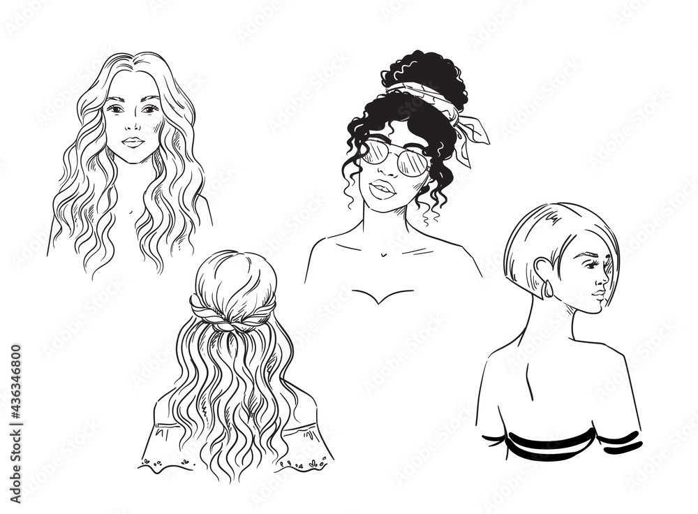 Set of different female hairstyles vector black and white sketch Set of different female hairstyles vector black and white sketch