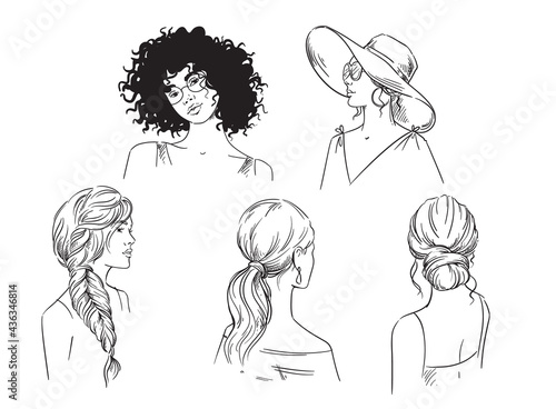 Set of different female summer hairstyles vector black and white sketch