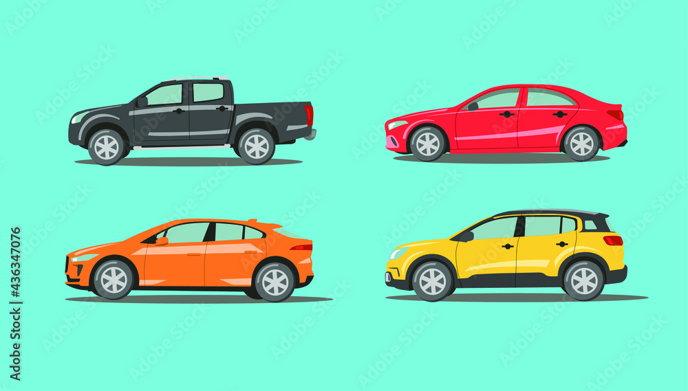 Vector cars collection. Cars, trucks and sports car in flat style design