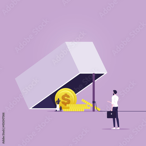 Money trap concept-Financial risk metaphor, Businessman trying to reach a trap with dollar coin 
