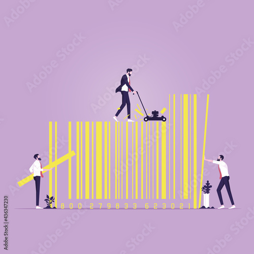 Rebranding concept-Changing the brand image, Businessman mowing on barcode representing rebranding, Rebuilding marketing strategy and creating a new look for a company
