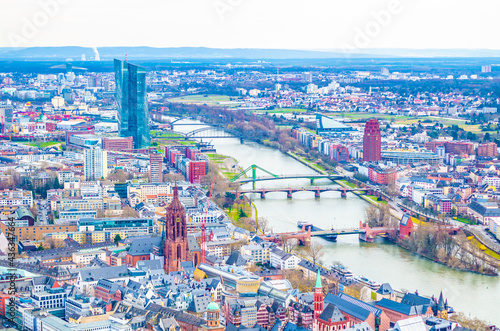 Frankfurt urban scenery from above. River through city. 