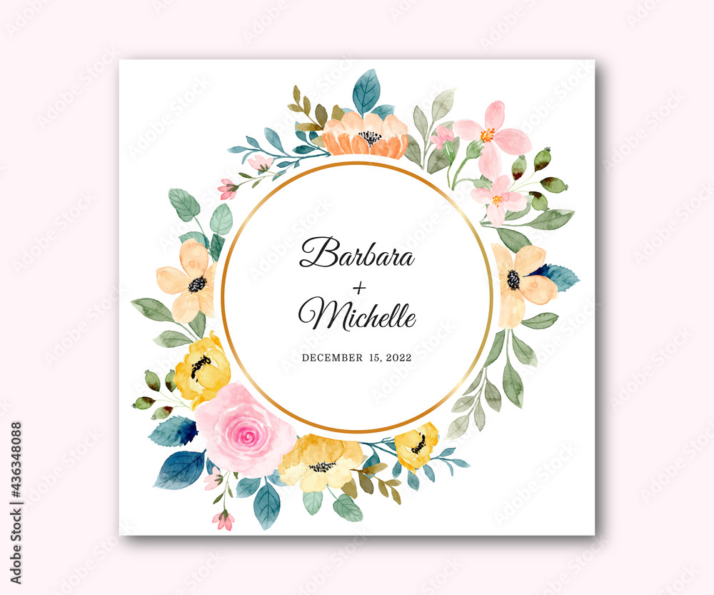 Save the date. Watercolor flower frame with golden circle