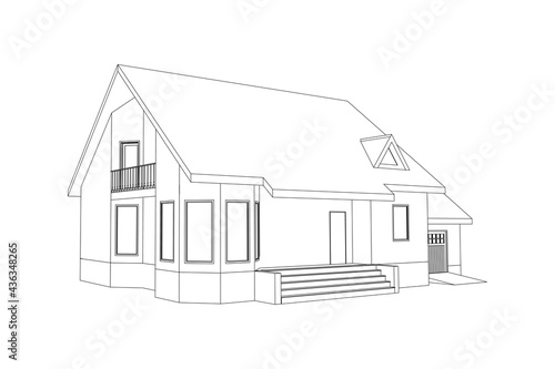 Suburban house sketch. Black line 3D model isolated on white background. Vector architectural design. 