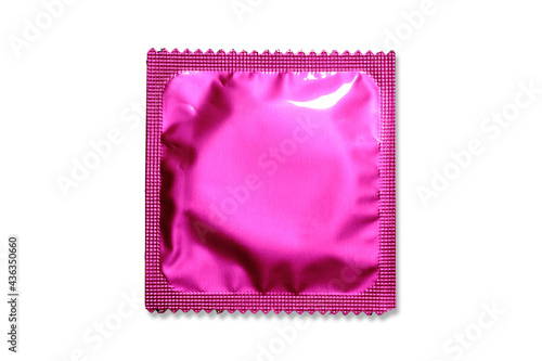 Tableau sur toile Close up of a pink condom on white background, wrappers in square and rectangle packaging on white background - Clipping Path