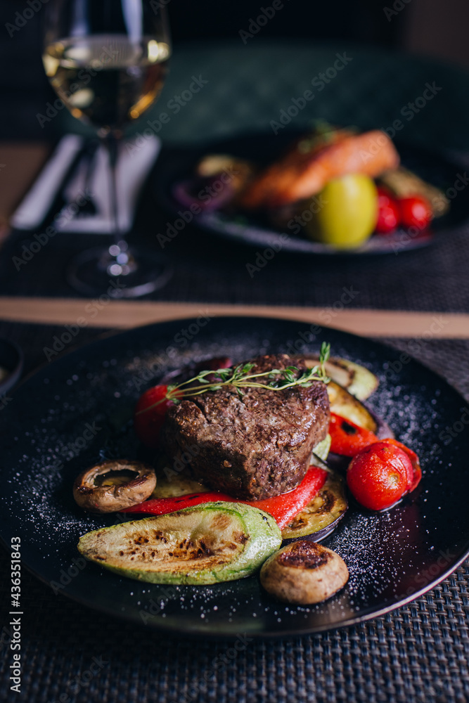 grilled steak with vegetables on plate grilled steak with vegetables on plate