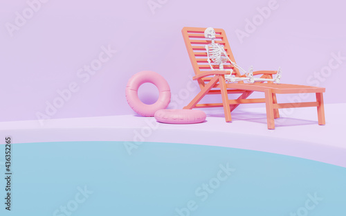Landing page, mock up, skeleton relaxing on beach chair , 3d render, abstract geometric shape pastel pink and gold plam tree, summer scene minimal design