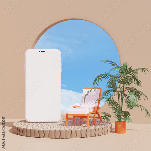 3d render, clipping path mock up smartphone in summer scene, abstract geometric shape, minimal design, product display, beach chair with sky and summer plant