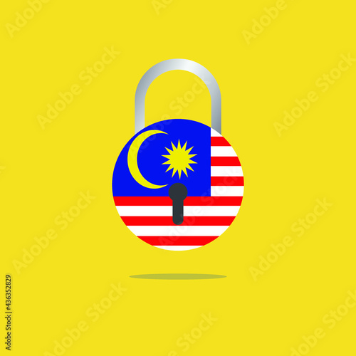 A vector of Malaysia flag in pad lock shapeon yellow background. Malaysia will having third lockdown caused by Covid-19. photo