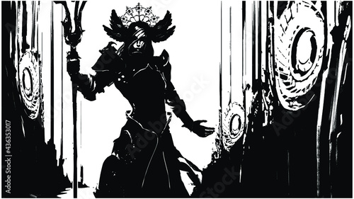 The black silhouette of a dark, slender priestess with a staff, in a somber robe, and a strange diadem on her head with wings, stands in the middle of the ruins of an ancient civilization