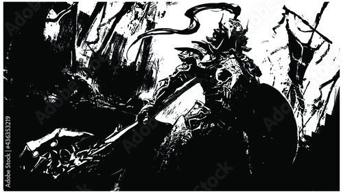 A demonic knight in sinister plate armor and helmet, stands in a dynamic perspective holding a shield and a huge axe with the head of a devil.    2d illustration