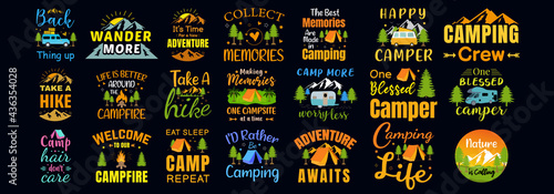 Set of camping lettering, adventure isolated hand drawn typography design for greeting print label poster vector illustration