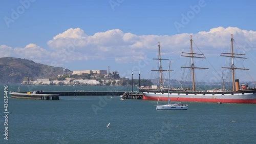 Sunny view of the San Francisco Maritime National Historical Park and Alcatraz island
