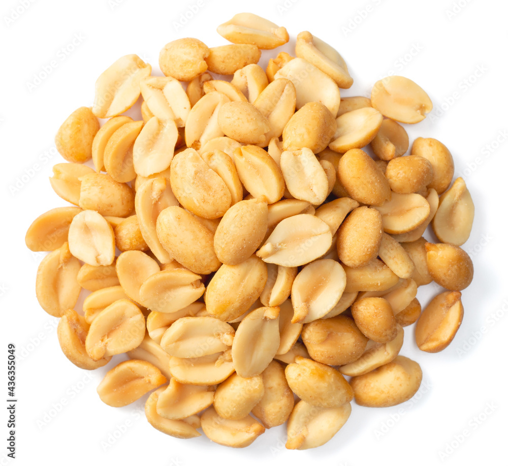 pile of roasted peeled peanuts isolated on white background, top view pile of roasted peeled peanuts isolated on white background, top view