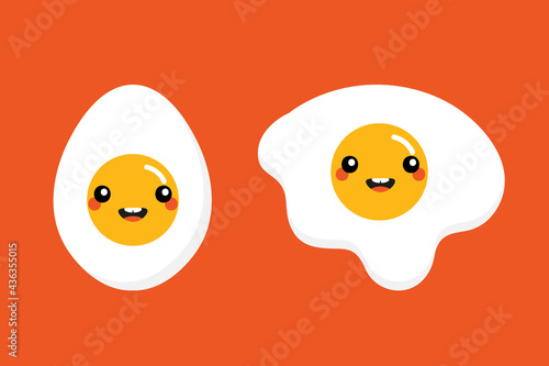 Couple of cute and smiling cartoon style boiled egg and fried egg characters for breakfast food design.