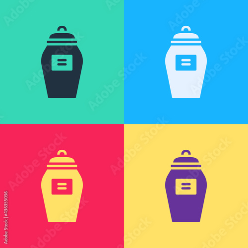 Pop art Funeral urn icon isolated on color background. Cremation and burial containers, columbarium vases, jars and pots with ashes. Vector