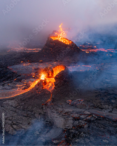 Crater spewing lava at Geldingadalur volcanic eruption in Iceland 2021
