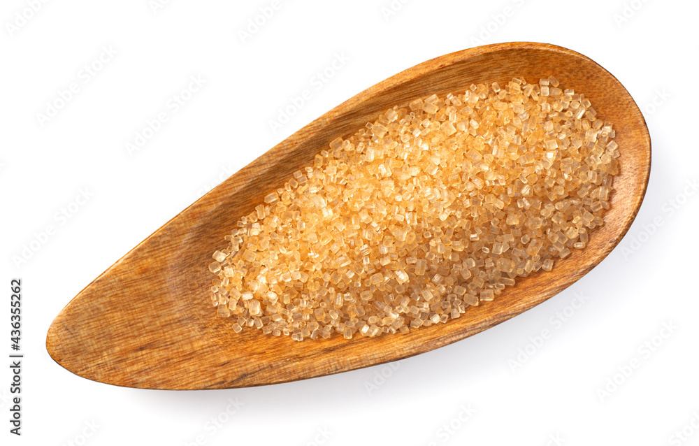 yellow sugar in the wooden plate, isolated on white background, top view yellow sugar in the wooden plate, isolated on white background, top view