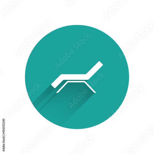 White Sunbed icon isolated with long shadow. Sun lounger. Green circle button. Vector