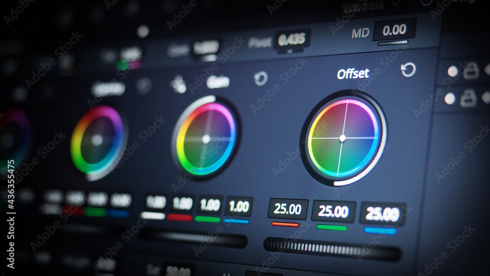 Color grading tools or RGB colour correction indicator on monitor in post production. Telecine full grade stage in video or film production processing. for colorist edit grading color on digital movie