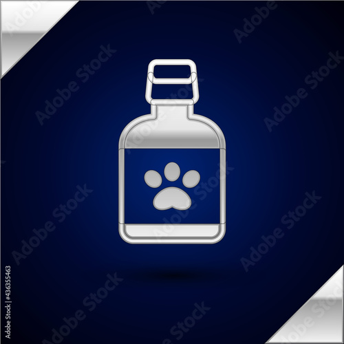 Silver Dog medicine bottle icon isolated on dark blue background. Container with pills. Prescription medicine for animal. Vector