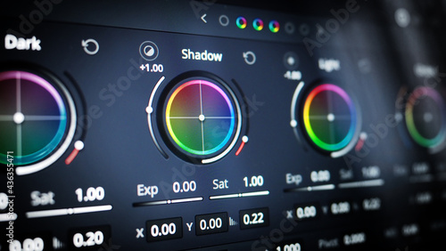 Color grading tools or RGB colour correction indicator on monitor in post production. Telecine full grade stage in video or film production processing. for colorist edit grading color on digital movie photo