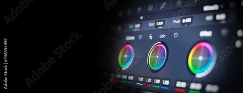 Color grading tools or RGB colour correction indicator on monitor in post production. Telecine full grade stage in video or film production processing. for colorist edit grading color on digital movie