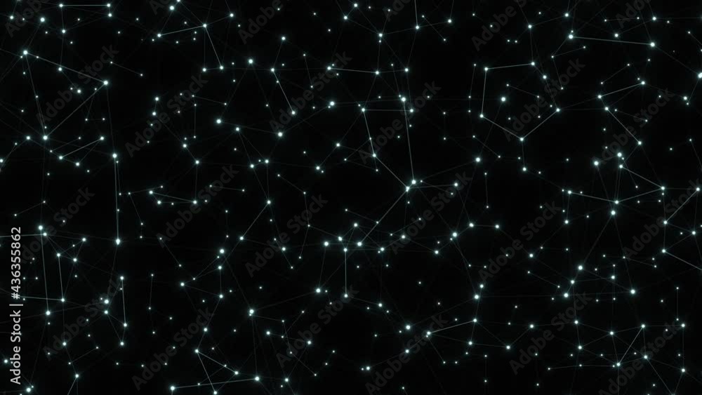 Endless flight through abstract bright particles in a dark space. 3D render of Plexus particles. Flight Through Stars into Space - 3D Particles Connected by Grid. Endless flight through abstract bright particles in a dark space. 3D render of Plexus particles. Flight Through Stars into Space - 3D Particles Connected by Grid.