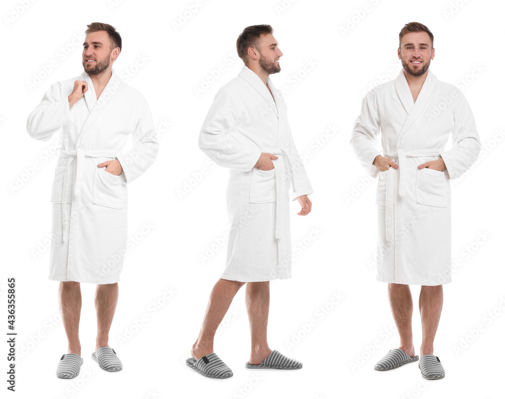 Man wearing bathrobe on white background, collage Man wearing bathrobe on white background, collage