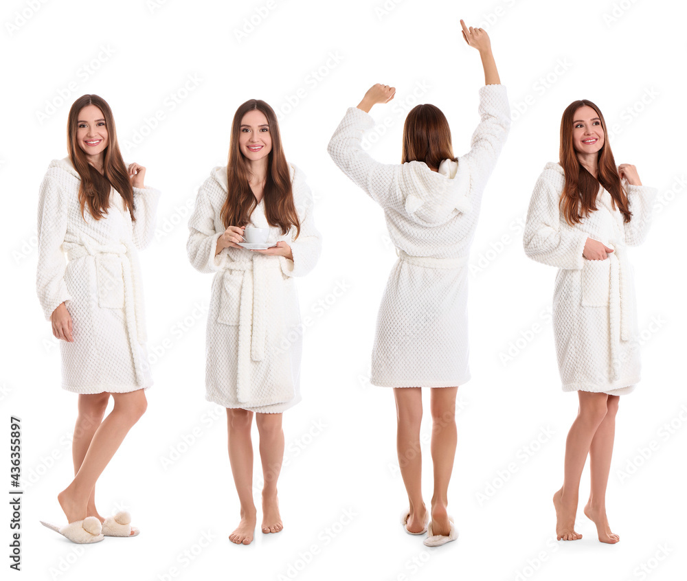 Woman wearing bathrobe on white background, collage