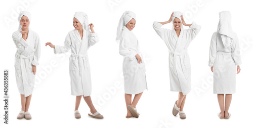 Woman wearing bathrobe on white background  collage. Banner design