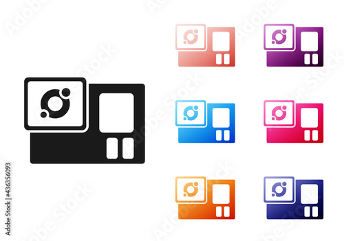 Black Action extreme camera icon isolated on white background. Video camera equipment for filming extreme sports. Set icons colorful. Vector