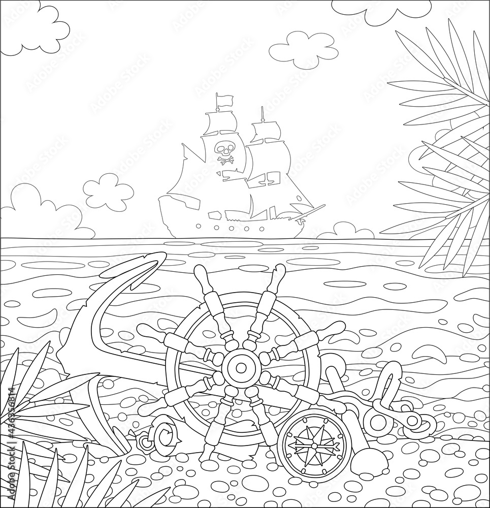 Pirate ship helm, an anchor, a compass and an old map of hidden treasures of filibusters on a sandy beach of a desert island in a tropical sea, black and white vector cartoon for a coloring book