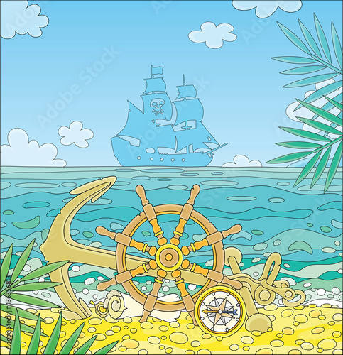 Pirate ship helm, an anchor, a compass and an old map of hidden treasures of filibusters on a sandy beach of a desert island in a tropical sea, vector cartoon illustration