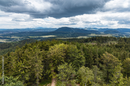 Beautiful panorama of mountains seen from top of observation tower on Trojgarb mountain