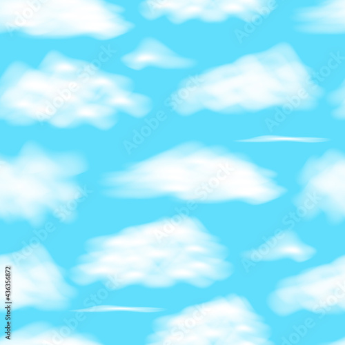 seamless endless pattern. white fluffy realistic clouds, different shapes on a blue background for covers, backdrops and posters. vector illustration on the theme of nature and weather